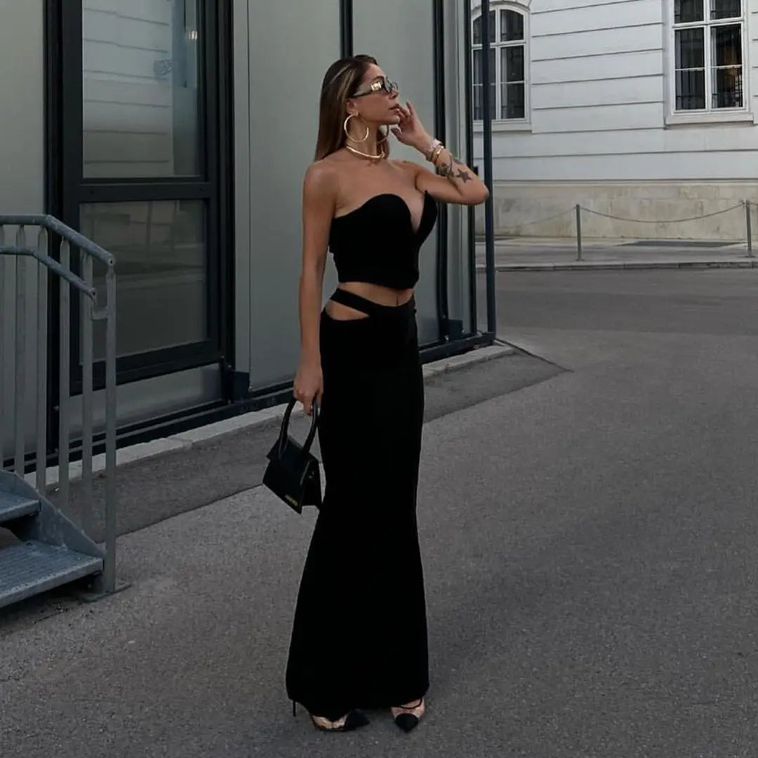 Sexy Women's 2-Piece Outfit - Deep V Neck Strapless Top & Hollow Out Long Skirt Set for Evening Party, Beach Vacation, Date Night and Special Occasions