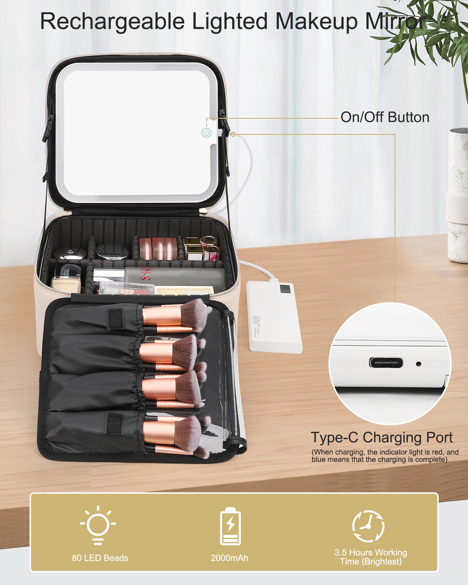 Relavel LED Makeup Bag with Lighted Mirror - Rechargeable Travel Cosmetic Organizer Case with 3-Color Lighting, Brush Storage & Protective Frame (Beige) | Perfect for Travel, Home Vanity & Gift Giving
