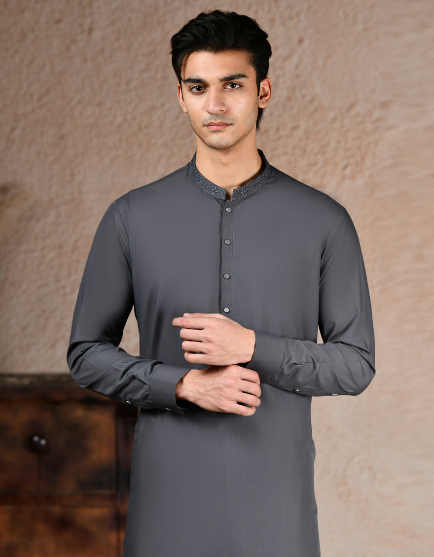 Blended Grey Shalwar Kameez by J. Junaid Jamshed - Premium Pakistani Traditional Outfit for Men - Perfect for Weddings, Eid & Special Occasions