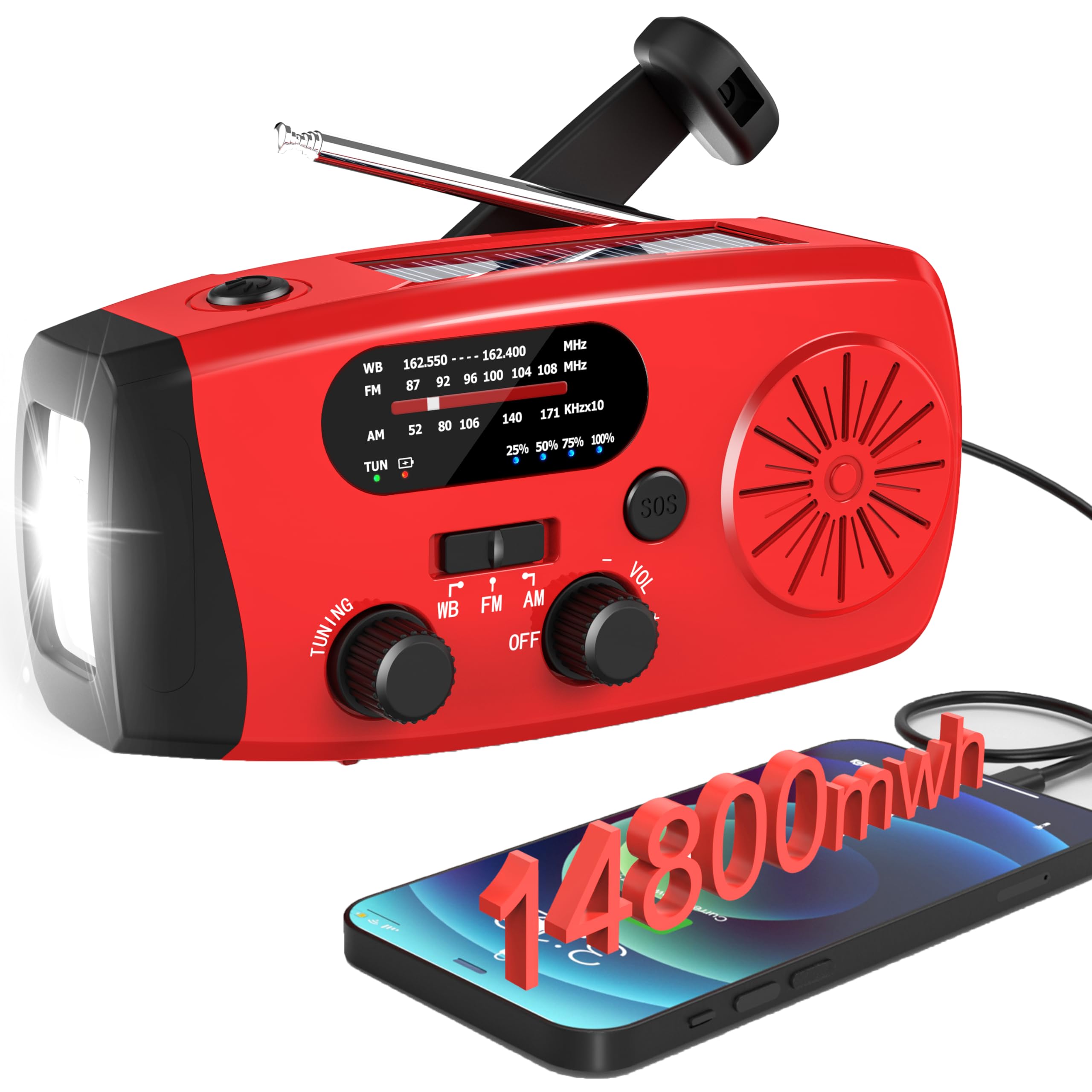 Emgykit 14800mWh Solar Hand Crank Emergency Radio - AM/FM/NOAA Weather Alert, SOS Alarm & LED Flashlight for Power Outages, Camping, Hiking & Survival Kits