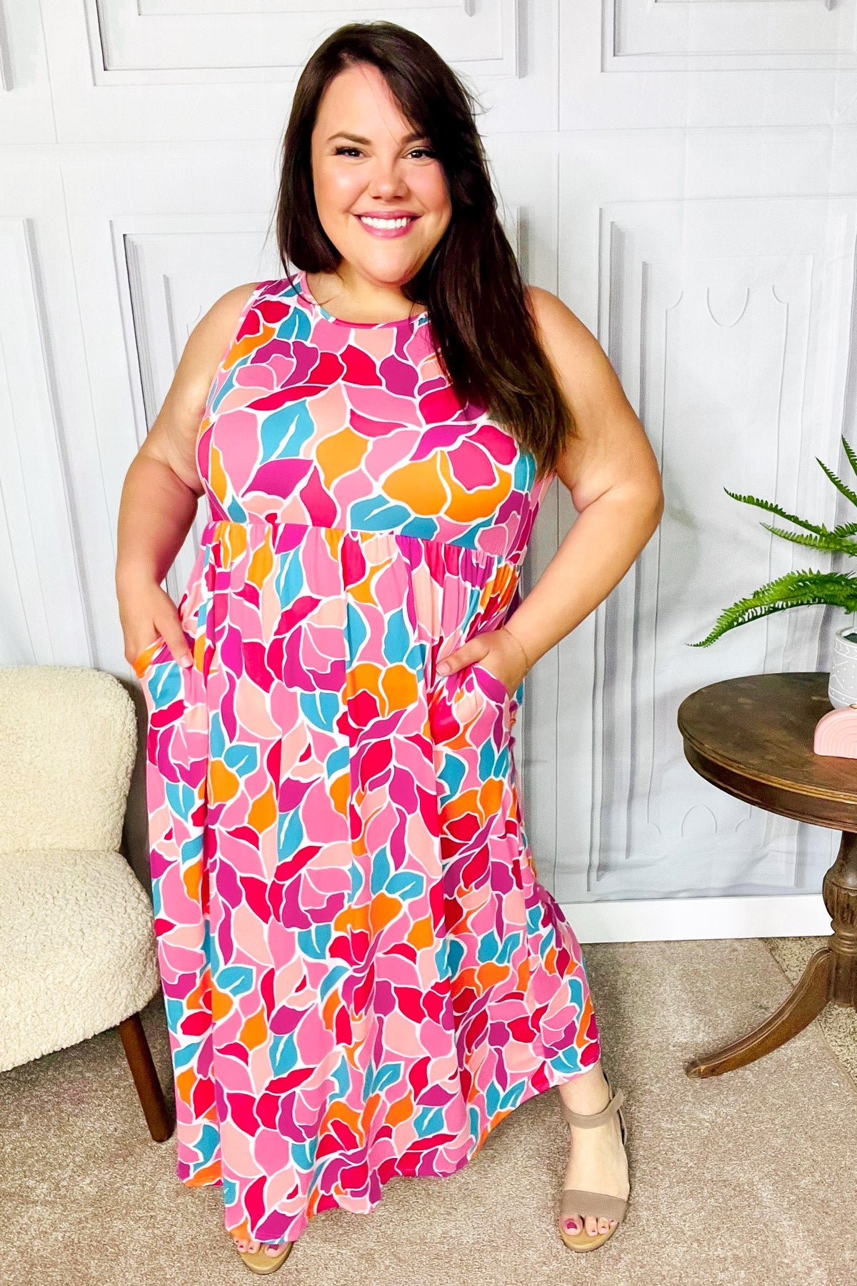 Elegant Fuchsia Abstract Floral Fit & Flare Maxi Dress for Women - Perfect for Summer Weddings, Beach Vacations & Special Occasions