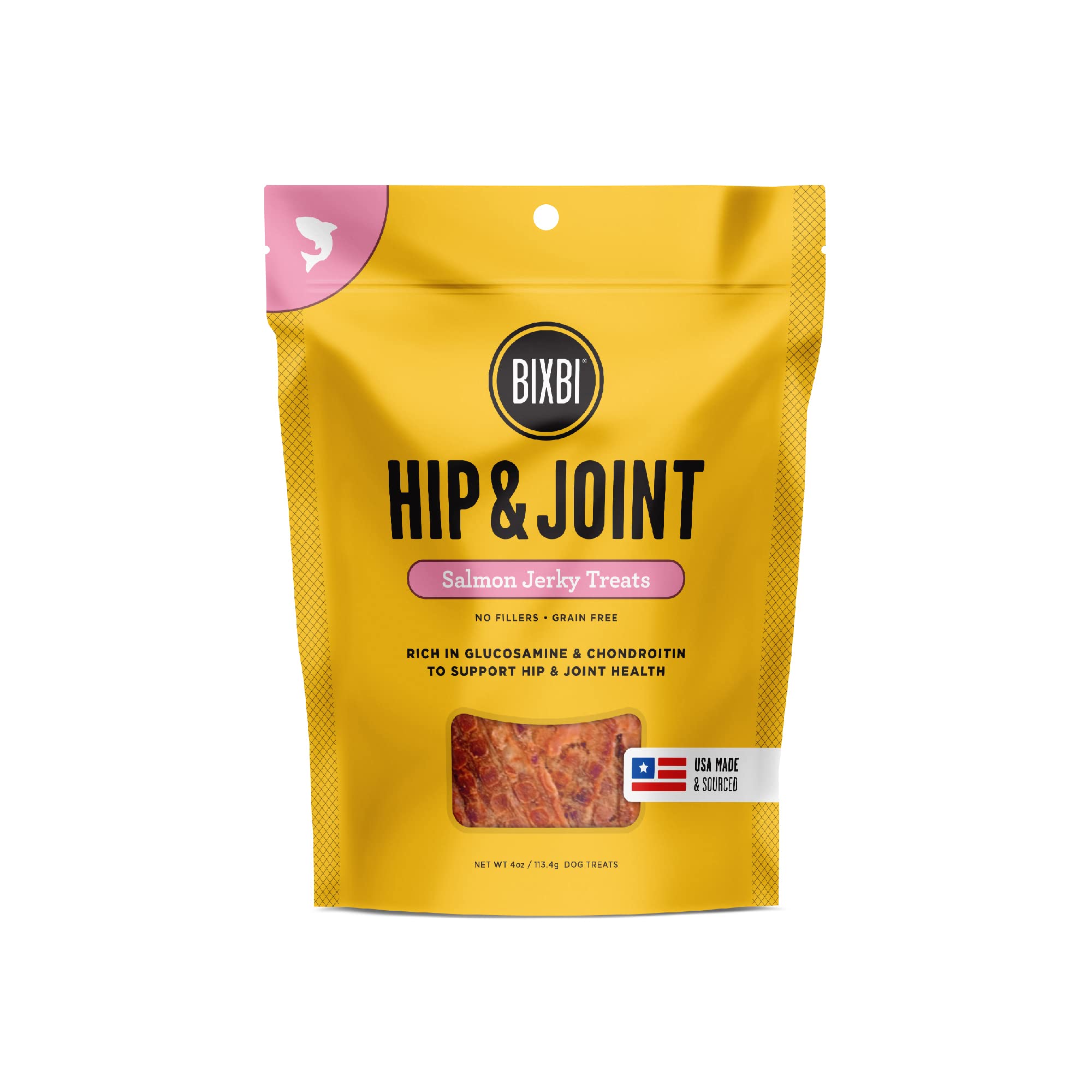 BIXBI Salmon Jerky Dog Treats for Hip & Joint Support - 4 oz Grain-Free, USA Made - Glucosamine & Chondroitin Supplement - High Protein, Antioxidant Rich, No Fillers - Perfect for Senior Dogs & Active Pups