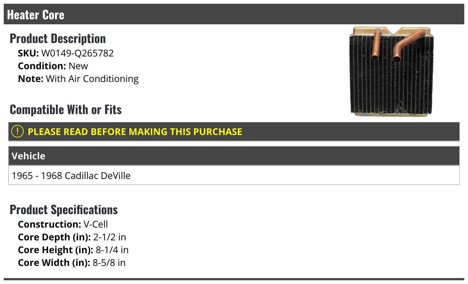 Heater Core Replacement for 1965-1968 Cadillac DeVille with AC - High Performance Aluminum Radiator Part - Perfect for Winter Driving & Classic Car Restoration