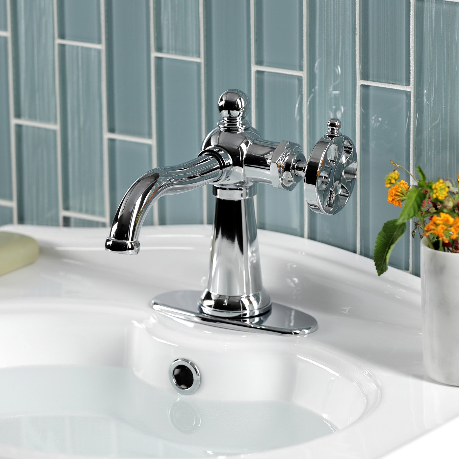 Belknap KSD3541RX Single Handle 1-Hole Bathroom Sink Faucet with Deck Plate & Push Pop-Up Drain - Polished Chrome - Perfect for Modern Bathrooms & Powder Rooms