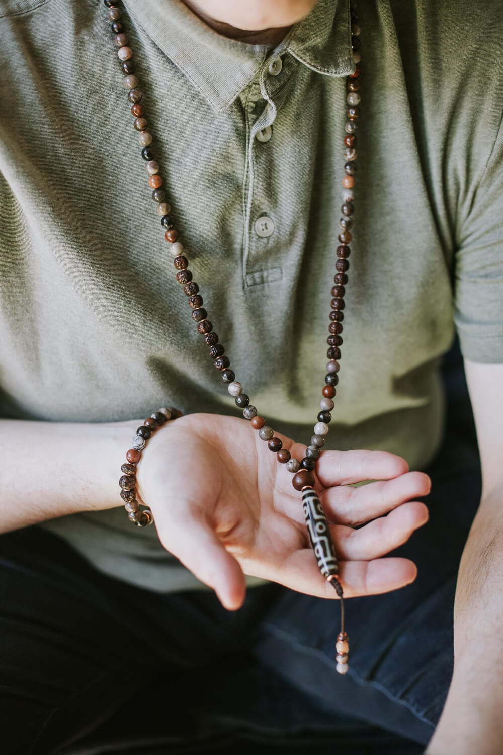 9 Eye Dzi Beads & Petrified Wood Mala Bracelet - Tibetan Buddhist Prayer Beads for Meditation, Spiritual Protection & Energy Healing