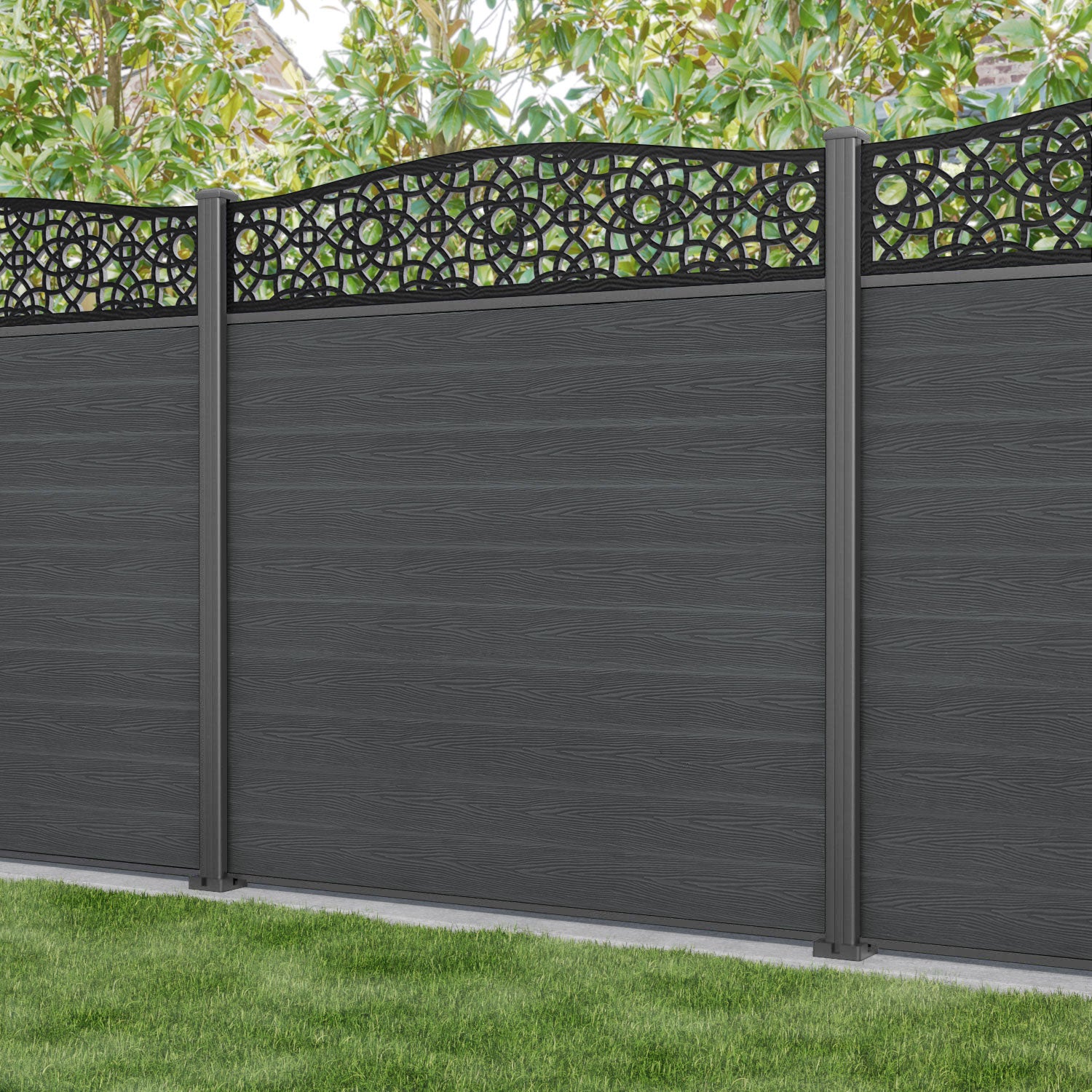 Classic Amber Curved Top Fence Panel - Dark Grey with Aluminum Posts | Durable Outdoor Privacy Fence for Garden, Yard & Patio