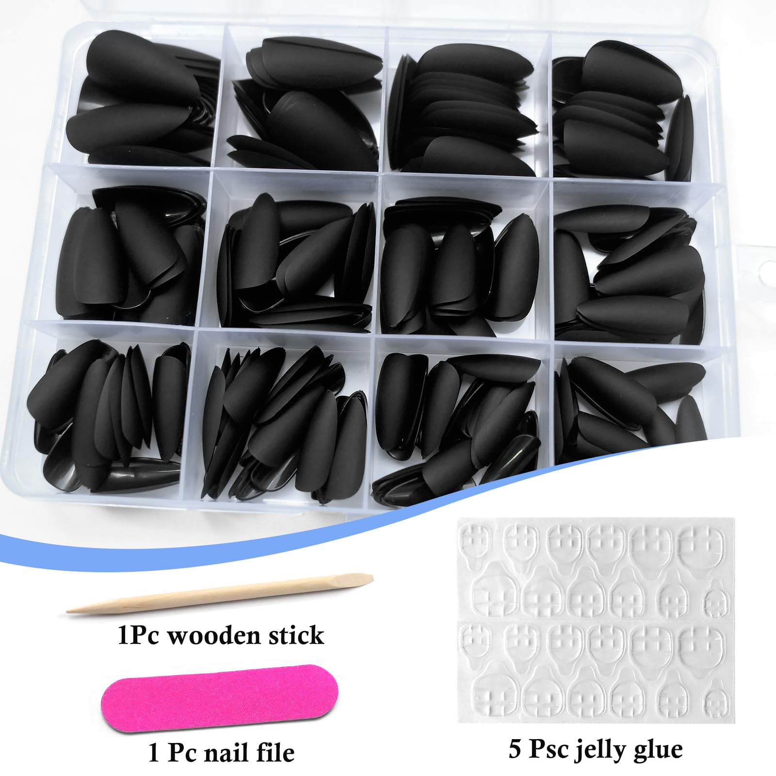 240PC Matte Black Almond Press On Nails - Medium Length Fake Nails with Nail Glue & Adhesive Tabs | Short Stiletto False Nail Tips for Women | Perfect for Parties, Weddings & Everyday Wear