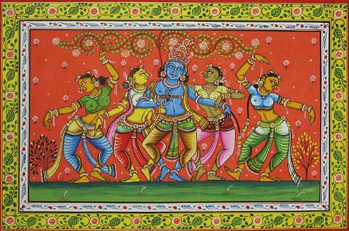 Krishna Dances with Gopis - Handmade Watercolor Painting on Patti by Artist Rabi Behera - Hindu Religious Art for Home Decor & Spiritual Spaces