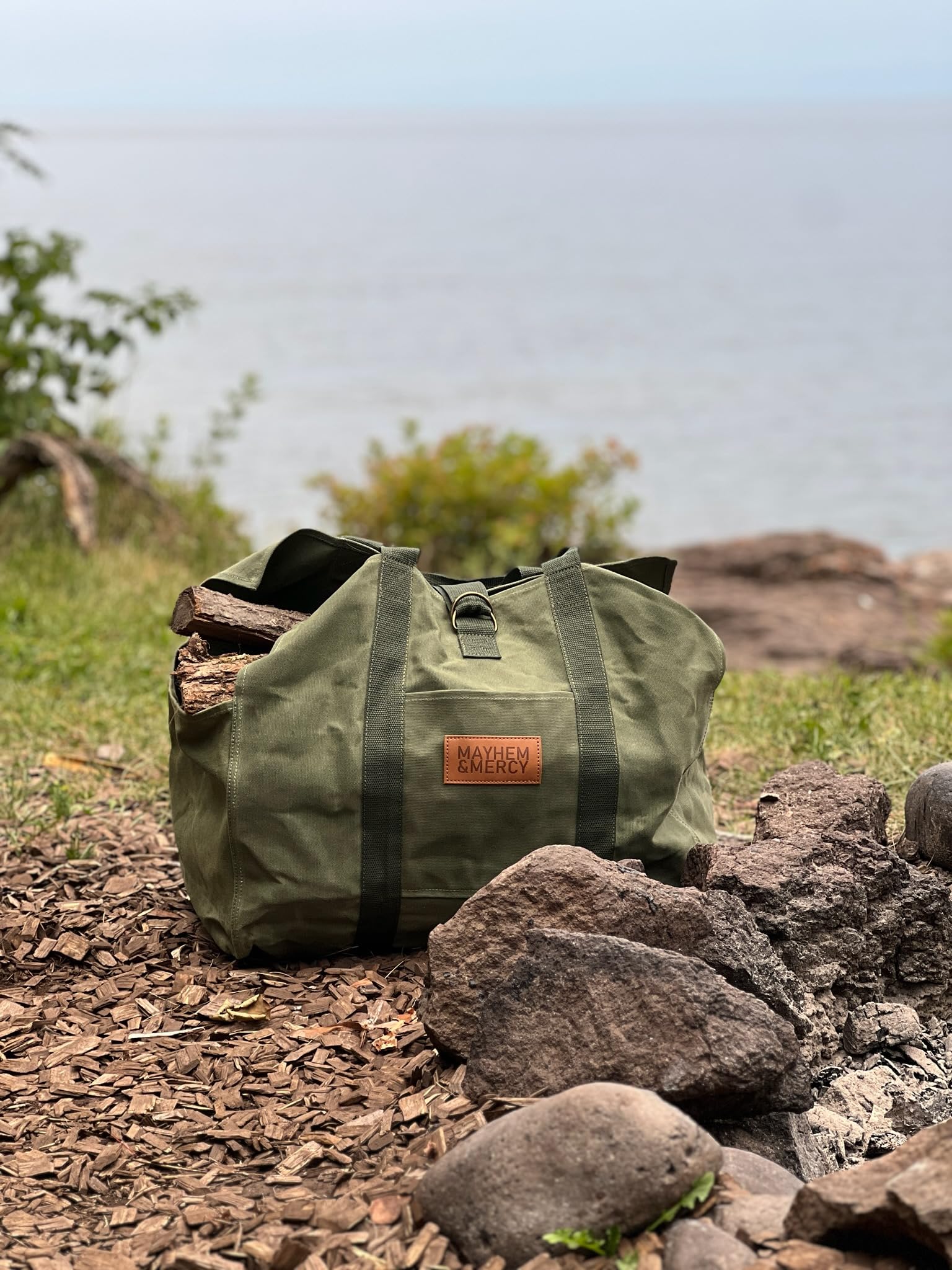 MAYHEM & MERCY Waxed Canvas Tote Bag - Durable Firewood Carrier for Camping & Fireplace - Hunter Green Wood Log Storage Bag - Perfect for Outdoor Adventures, Fireplace Use & Home Decor