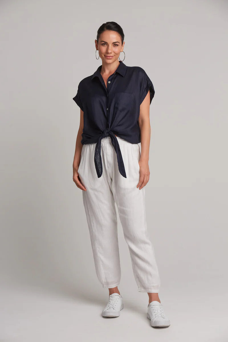 Women's Navy Blue Tie Front Linen Shirt - Breathable Summer Blouse for Casual Outings & Beach Wear