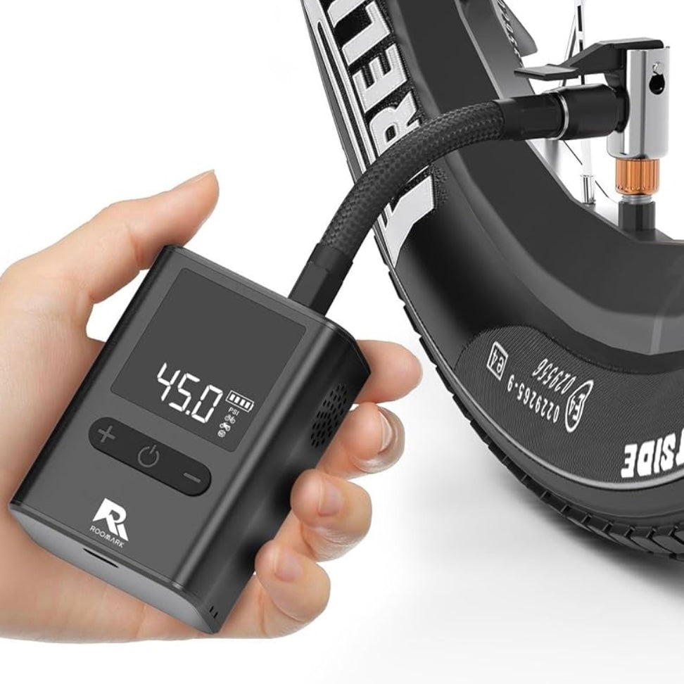 Roomark Mini Portable Electric Bike Pump - High Pressure Air Compressor for Bicycle Tires, Fast Inflation for Road/Mountain Bikes - Perfect for Cycling, Commuting & Emergency Roadside Repairs
