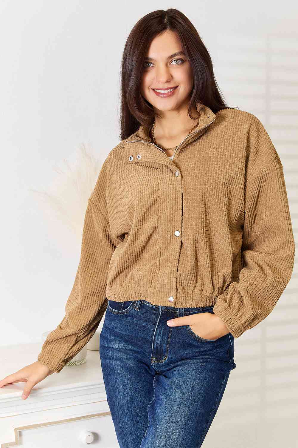 Camel Long Sleeve Dropped Shoulder Jacket for Women - Cozy Fall & Winter Outerwear - Perfect for Casual Outings, Travel & Street Style