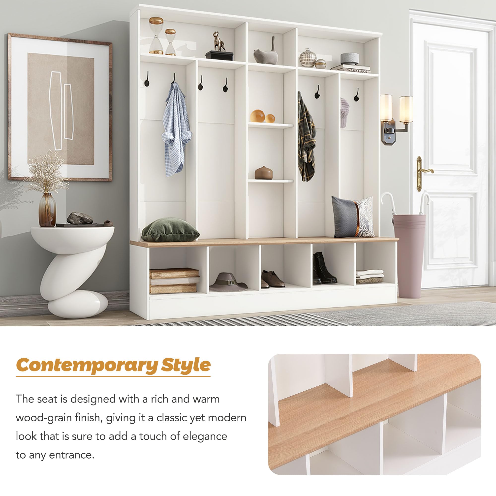 66.9 Inch Wide Entryway Hall Tree with Shelves, 8 Hooks & Storage Bench - White Shoe Cabinet with Coat Rack & Cube Storage for Mudroom Organization - Perfect for Entryway, Hallway & Home Foyer Decor