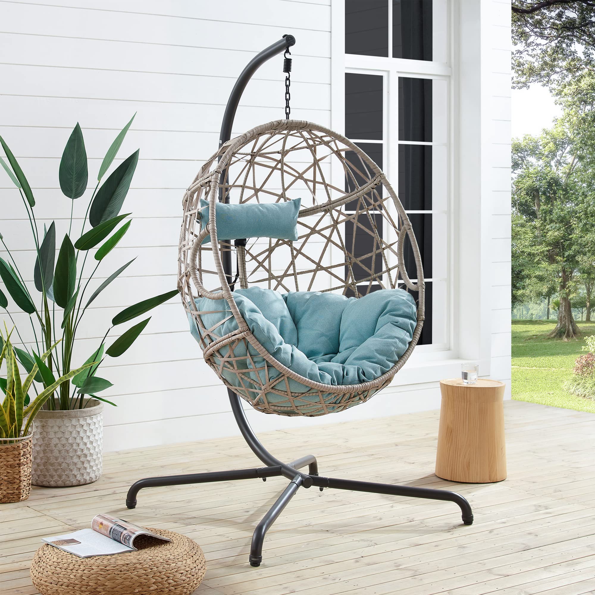 Ulax Furniture Egg Chair - Hanging Swing Chair with Stand, Outdoor Patio Wicker Tear Drop Hammock Chair with Cushion (Blue) - Perfect for Backyard, Garden, and Balcony Relaxation