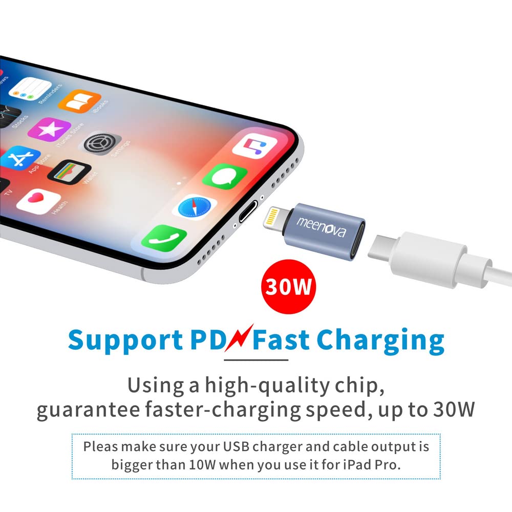 Meenoa 30W USB C to Lightning Adapter with Keychain Rubber Holder - Fast PD Charging for iPhone 14/13/12/11, AirPods Pro & iPod - Compact Travel Charger for Home, Office & Car Use