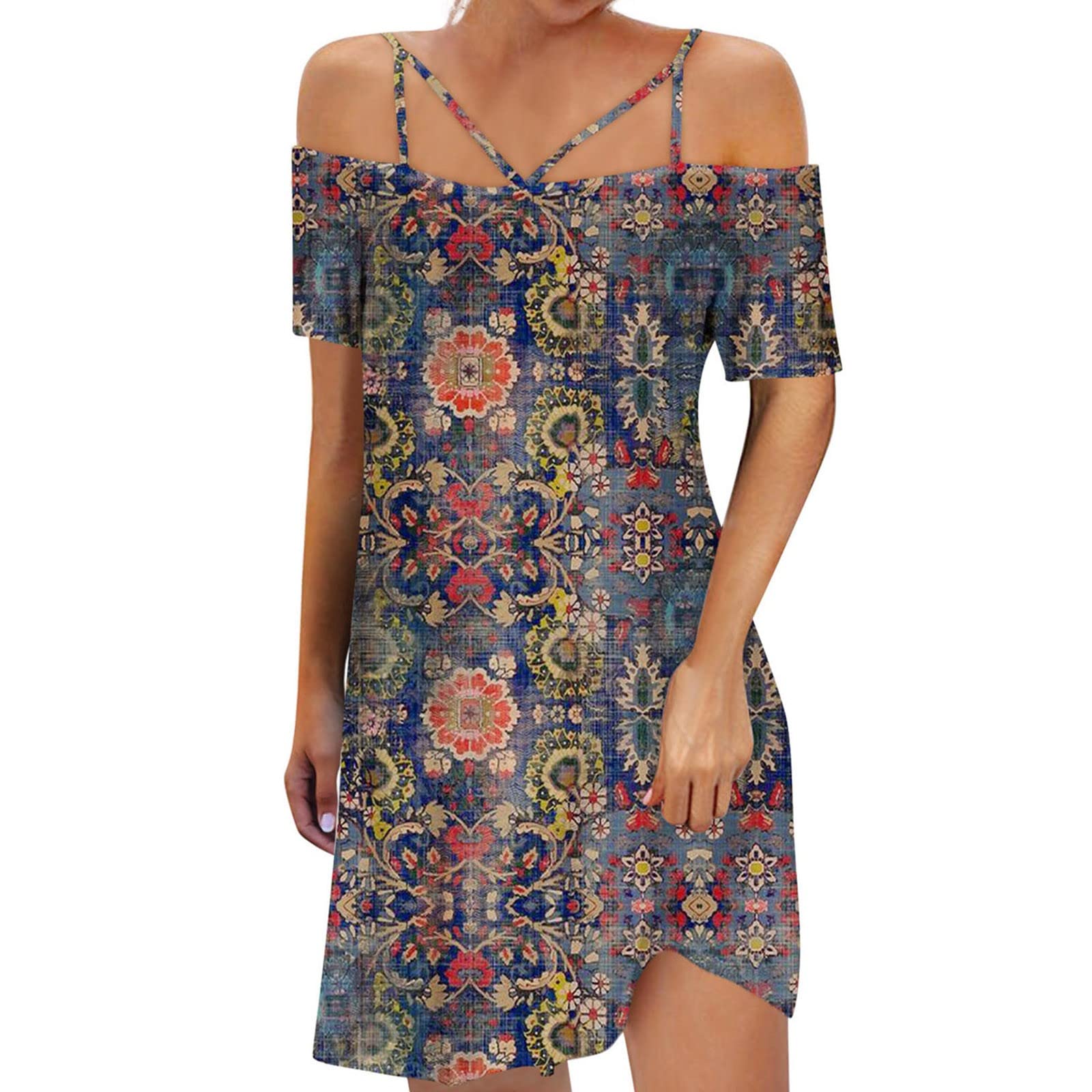 Women's Fashion Casual Dress - Off Shoulder Adjustable Straps Printed Midi/Maxi Dress for Summer, Beach, Party & Daily Wear