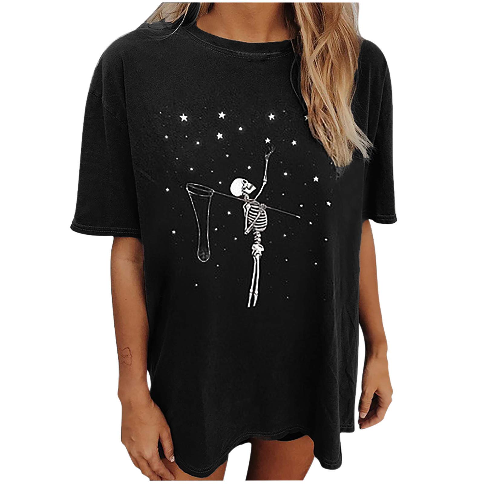Skull Print T-Shirts for Women - Oversized Short Sleeve Vintage Blouse, Plus Size Solid Color Round Neck Basic Tee | Perfect for Casual Wear, Halloween Costumes & Gothic Fashion Outfits
