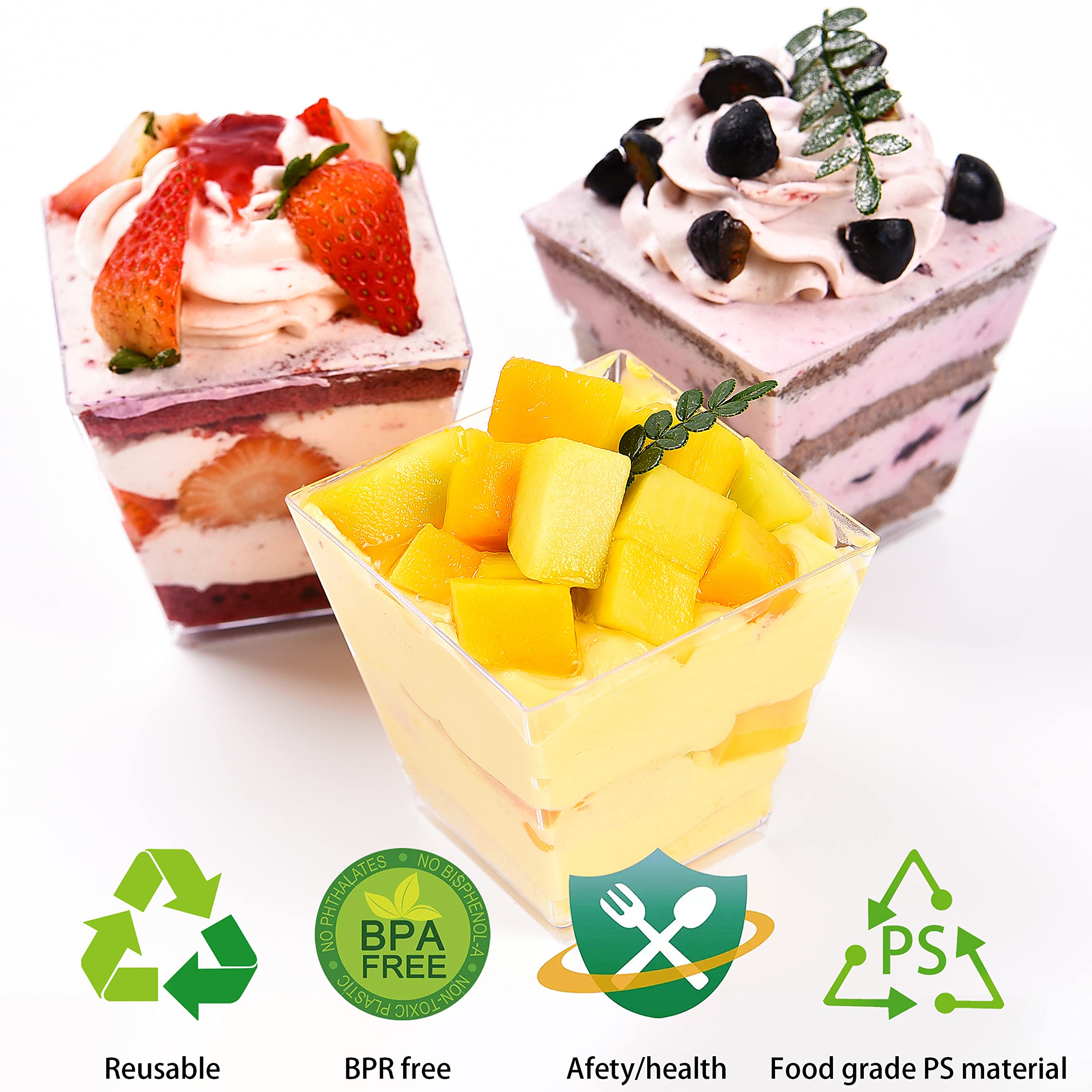 50 Pack 5oz Small Reusable Plastic Dessert Cups with Lids & Spoons - Clear Square Parfait Appetizer Containers for Fruit, Yogurt, Ice Cream - Perfect for Parties, Picnics, Catering & Home Entertaining