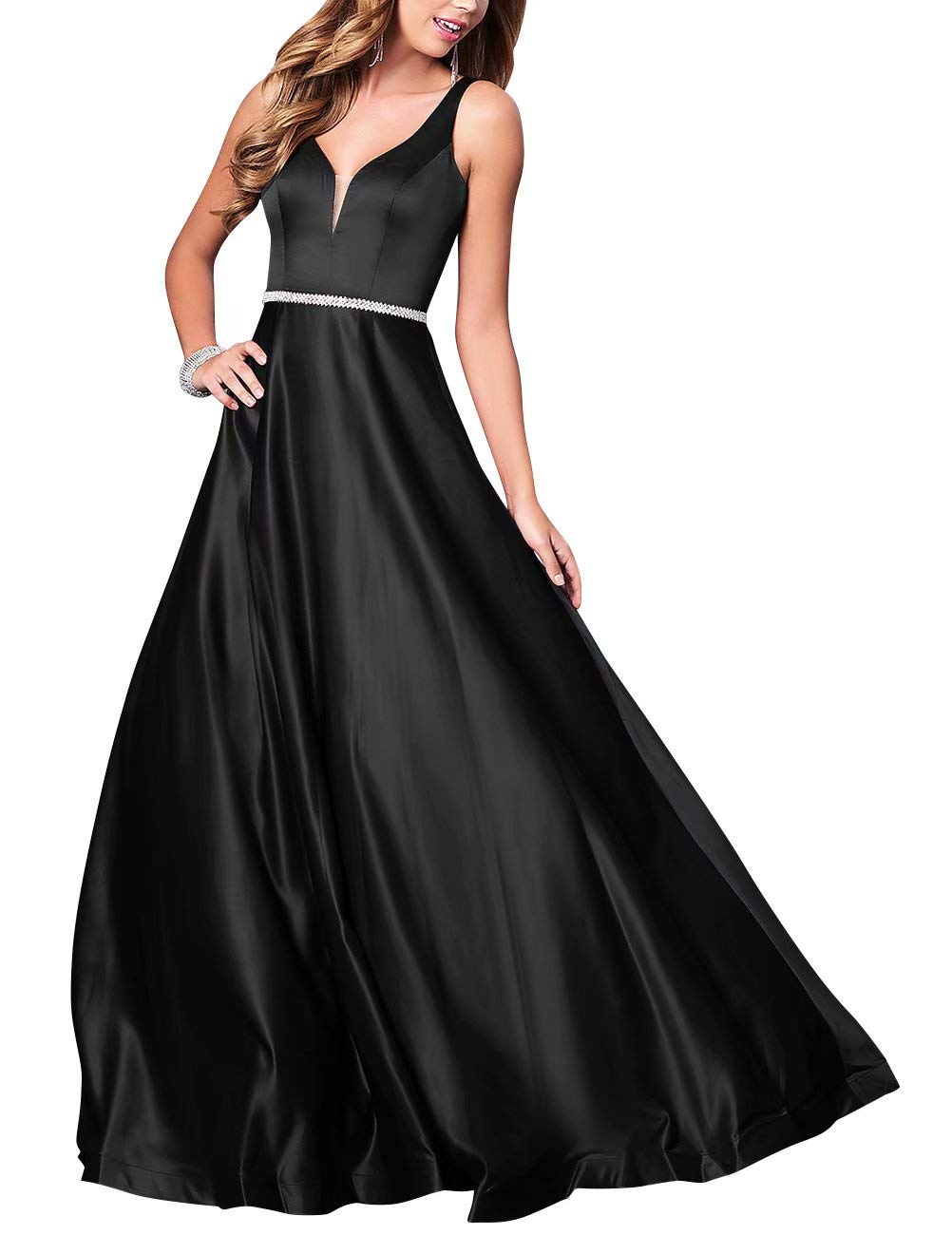 Elegant Beaded Satin Prom Dresses for Women - Long Formal Evening Gowns with Pockets for Homecoming, Wedding Guest & Black Tie Events