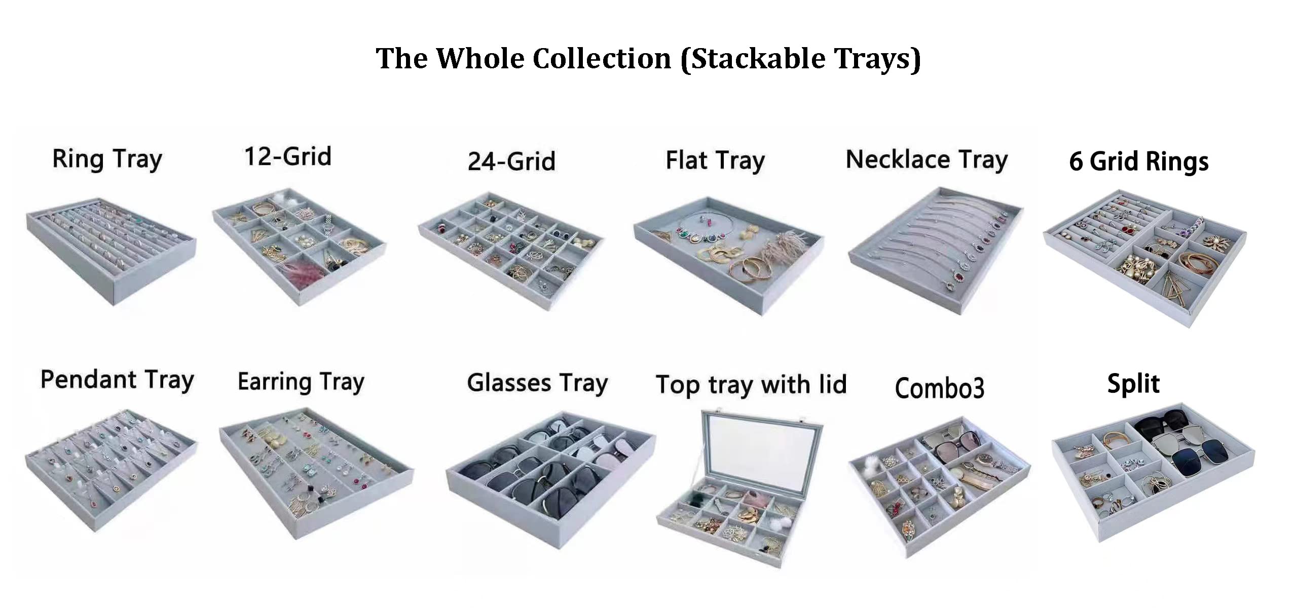 Premium Velvet Grey Jewelry Organizer Trays - Stackable Drawer Insert Divider for Rings & Accessories | Jewelry Storage Solution for Bedroom Dresser, Vanity Table & Travel Case