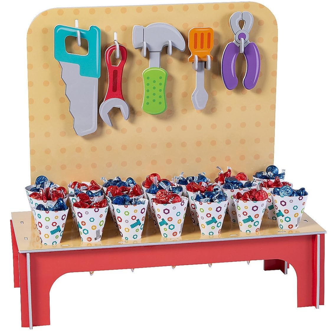 Fun Express Little Handyman Treat Stand - Sturdy Wooden Snack Display for Kids Birthday Parties, Baby Showers & Special Events - Perfect for Candy, Cupcakes & Party Treats - Durable 1-Piece Play Store Decor - Great for Pretend Play, Classroom Rewards & Holiday Celebrations