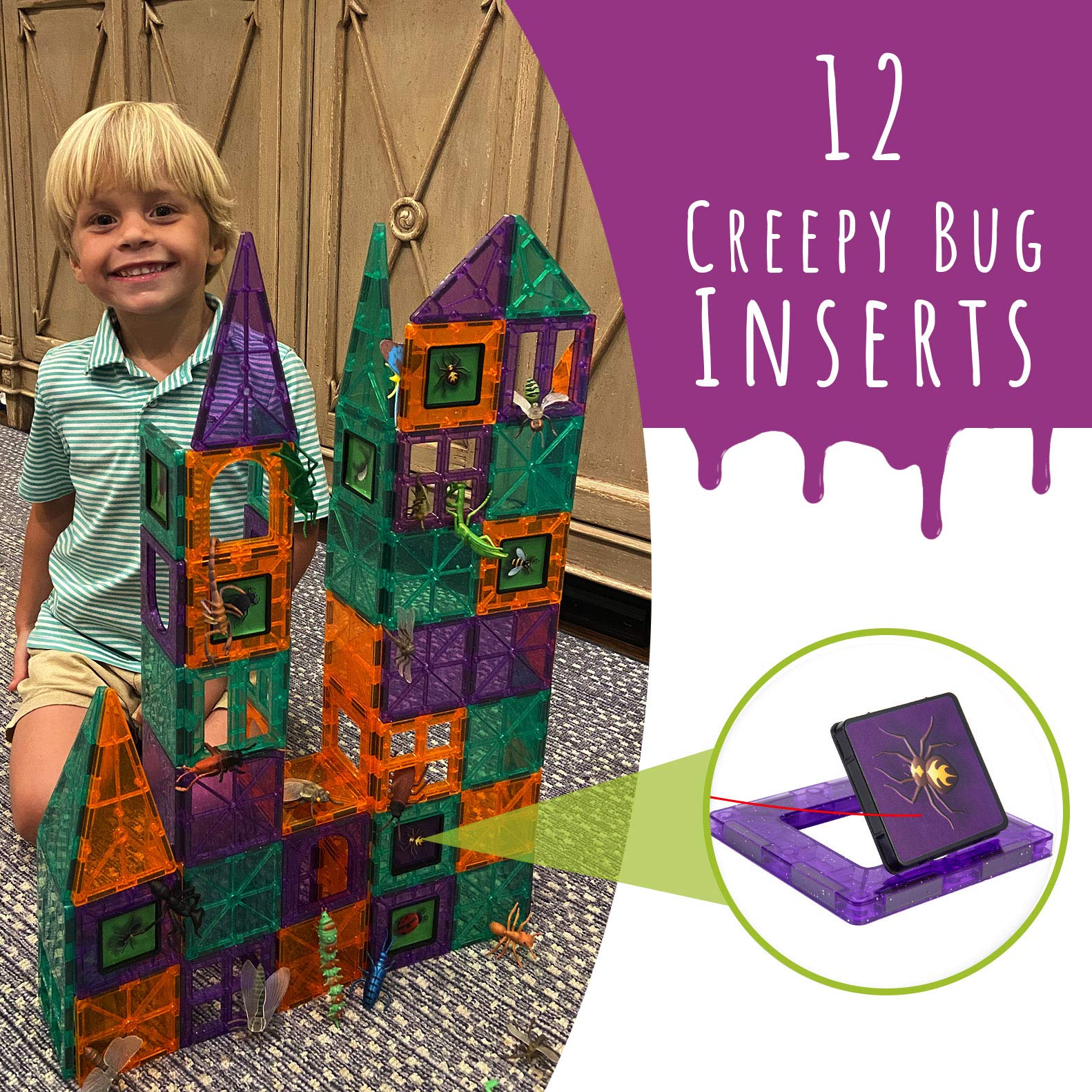 Creepy Archi Tiles - 100pc Magnetic Building Blocks Set for Kids with Bugs, Storage Bag, Stickers & Tweezers - STEM Educational Construction Toys for Toddlers - Perfect for Creative Play, Early Learning & Sensory Development