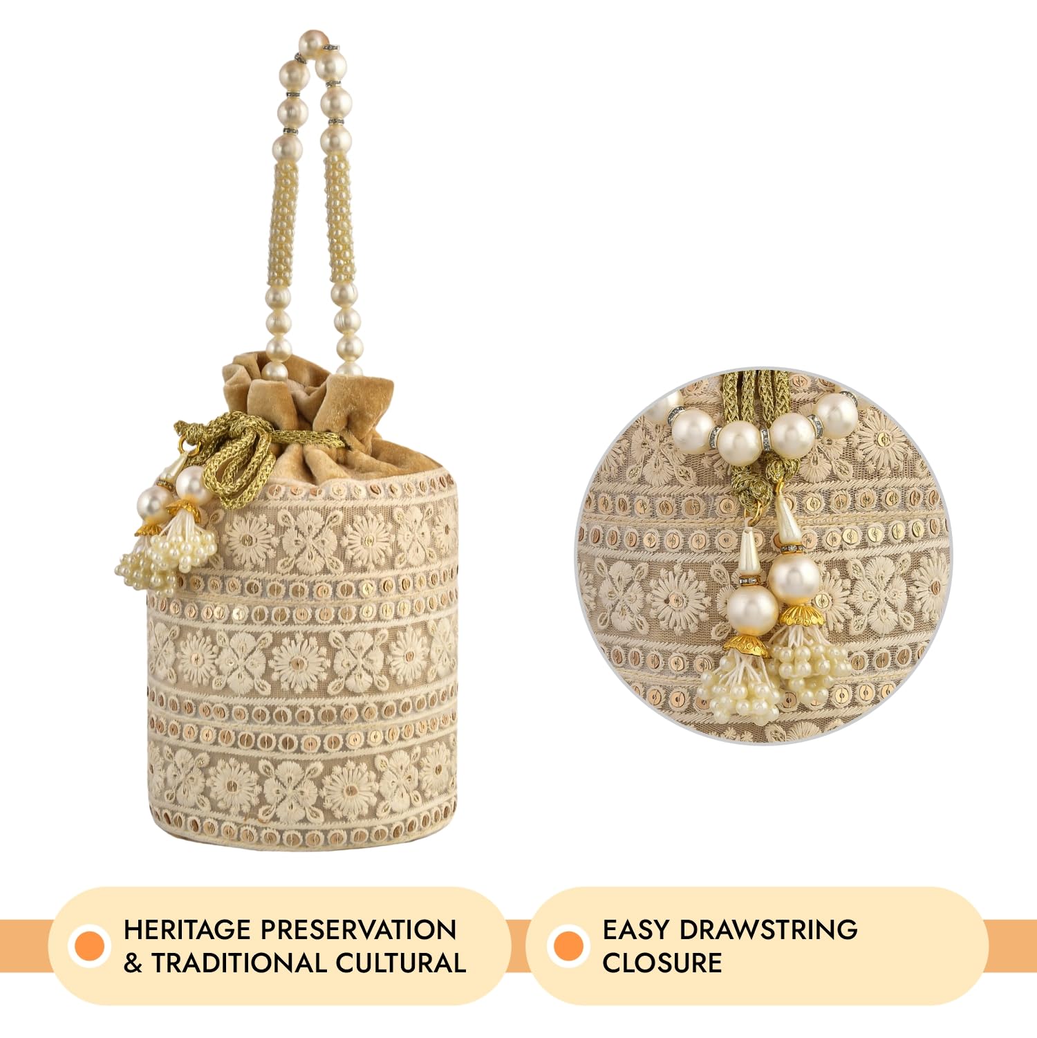 Luxury Velvet Lucknowi Embroidered Potli Bags for Women - Traditional Indian Ethnic Drawstring Purse with Pearl Handle - Perfect for Weddings, Parties & Festivals - Golden    (Ideal for bridal accessories, cultural events, Diwali celebrations, and as elegant gift packaging)