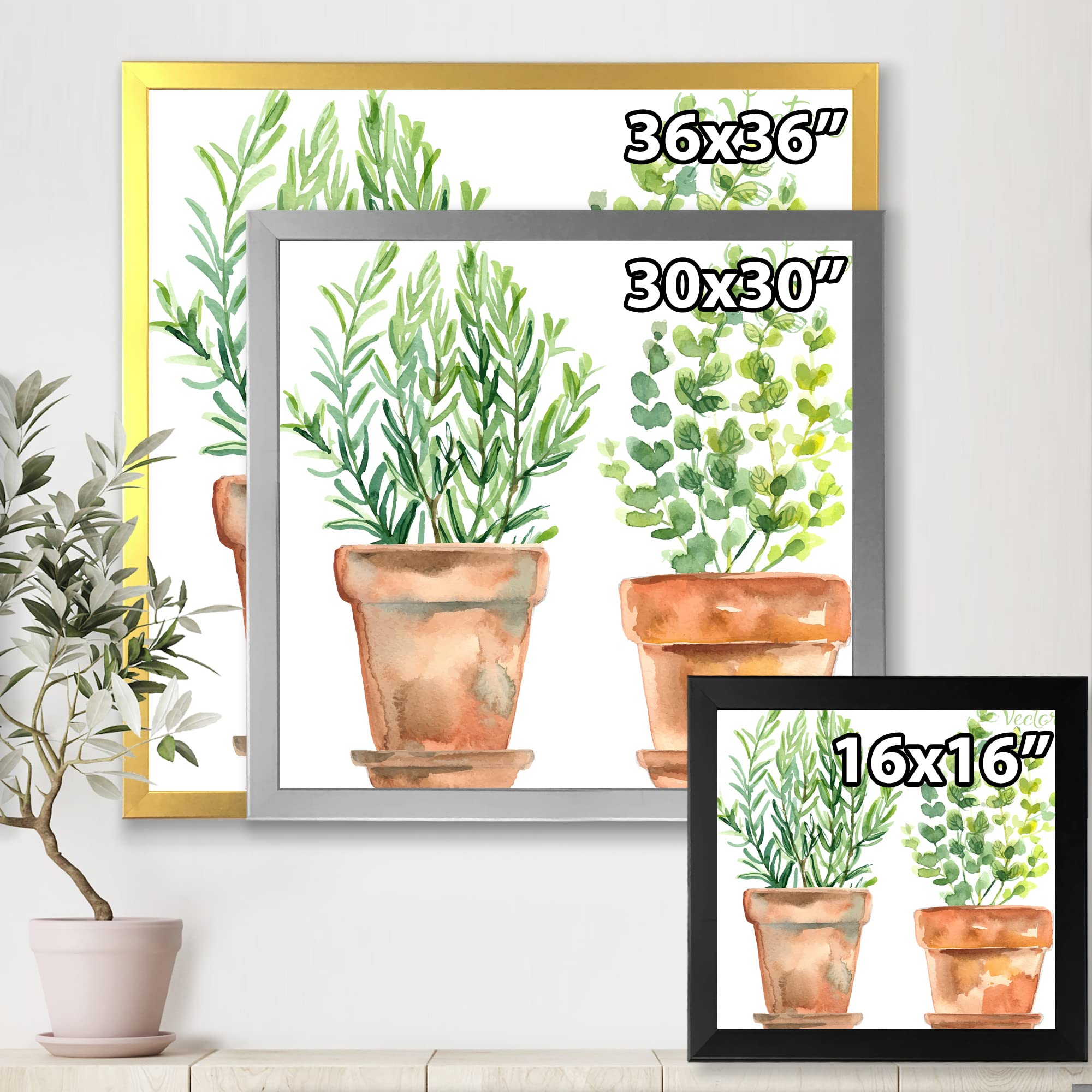 DesignQ Two Green House Plants In Orange Flower Pots - Traditional Framed Wall Art Decor for Living Room, Bedroom & Office