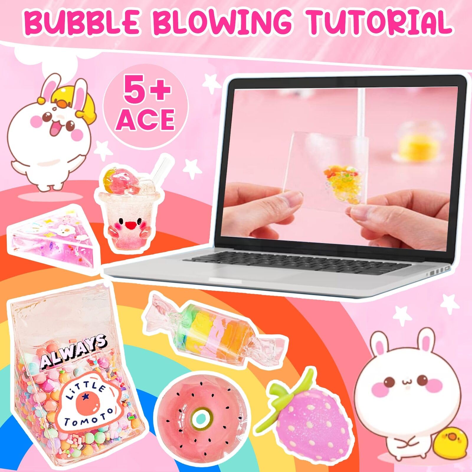 Cute Bunny Nano Bubble Tape Kit for Kids - Squishy Maker Toy for Girls 4-13 - Fun Stress Relief & Sensory Play