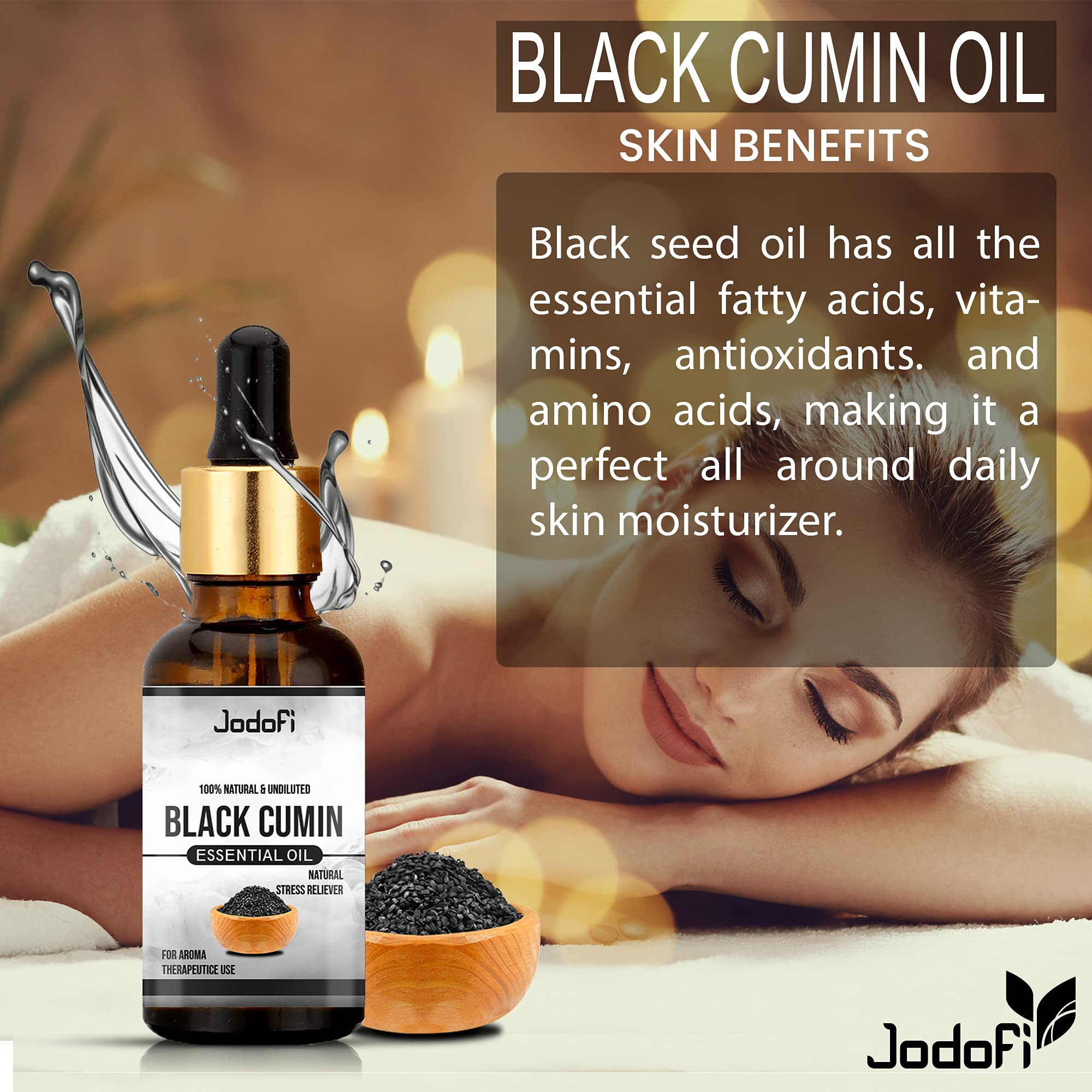 Jodofi Black Cumin Essential Oil (15ml) - 100% Pure & Natural Nigella Sativa Oil for Aromatherapy, Skin & Hair Care - Perfect for Massage, Diffusers & DIY Beauty Products