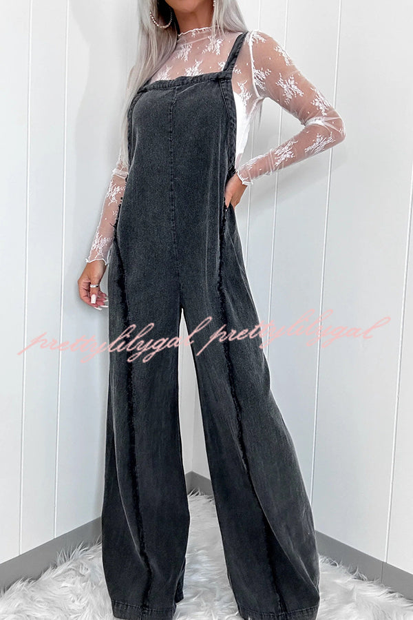 Vintage Washed Denim Jumpsuit for Women - Raw Edge Elastic Waist Wide Leg Romper | Casual Outfit, Boho Chic Style, Streetwear Fashion for Everyday Wear