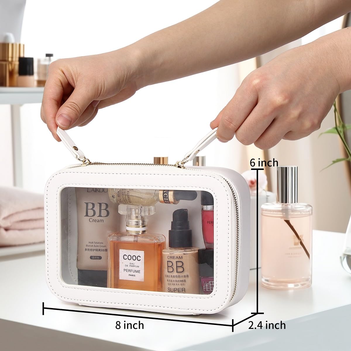 Duolan Clear Makeup Bag - Portable Transparent Cosmetic Organizer & Travel Toiletry Case with Zipper - Waterproof Makeup Pouch for Women (White, Medium) - Perfect for Travel, Gym, Car & Daily Use