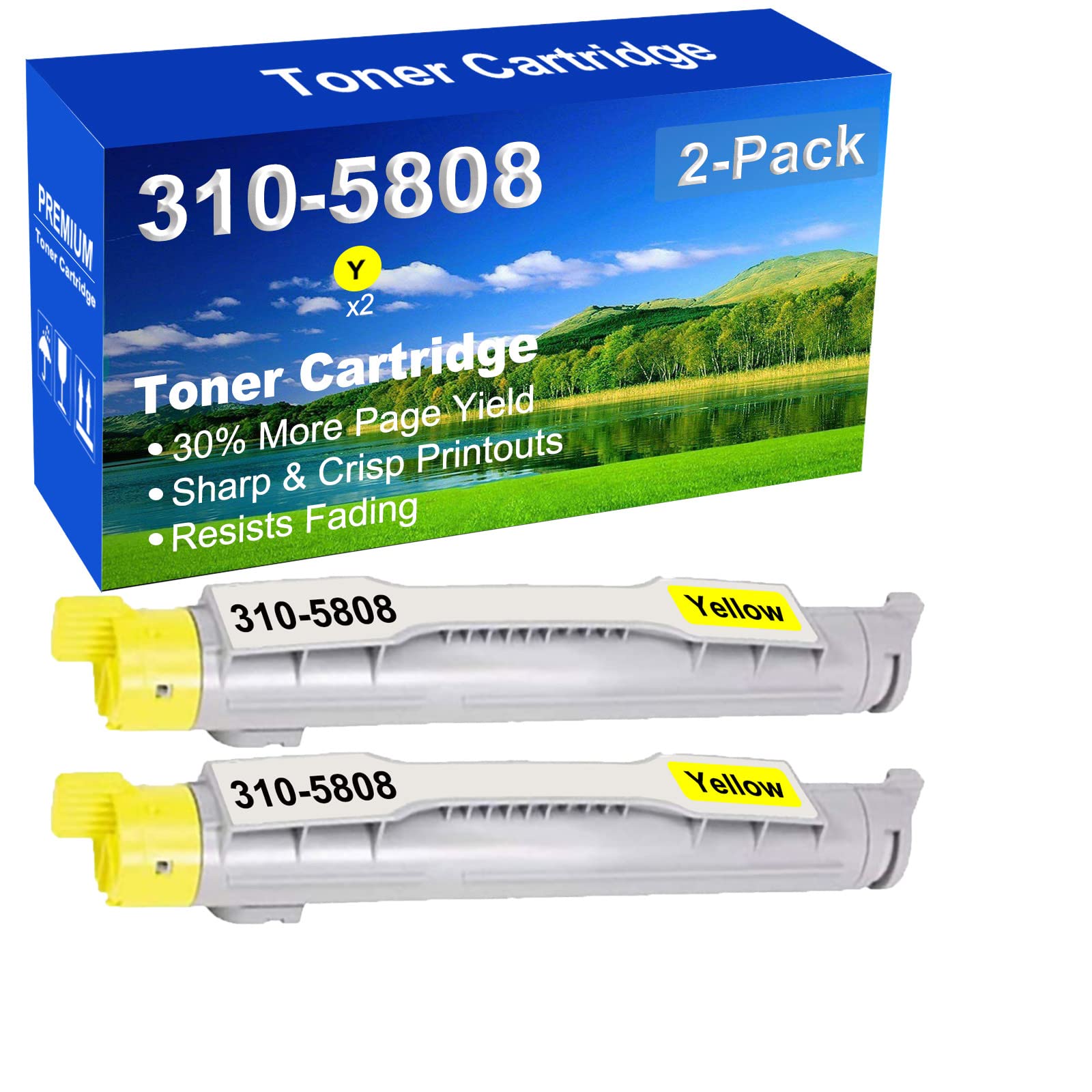 2-Pack High Yield 310-5808 Compatible Yellow Laser Toner Cartridge for Dell 5100 & 5100CN Printers - Perfect for Office & Home Printing Needs