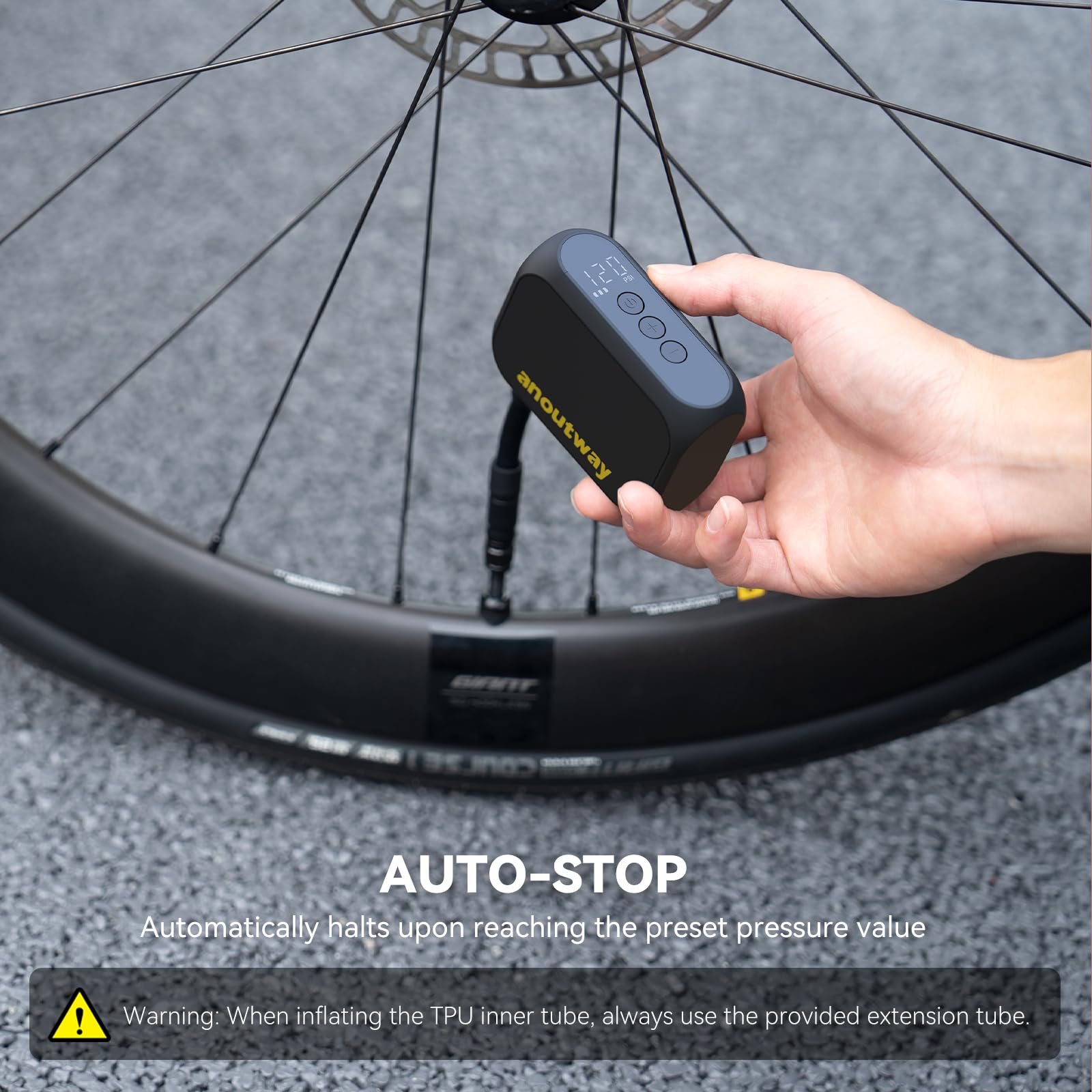 Rechargeable Electric Bike Pump 120 PSI - Mini Portable Tire Inflator with Auto Stop, Presta & Schrader Valve for E-Bike, Mountain, City & Road Bicycles - Perfect for On-the-Go Cycling & Emergency Tire Inflation