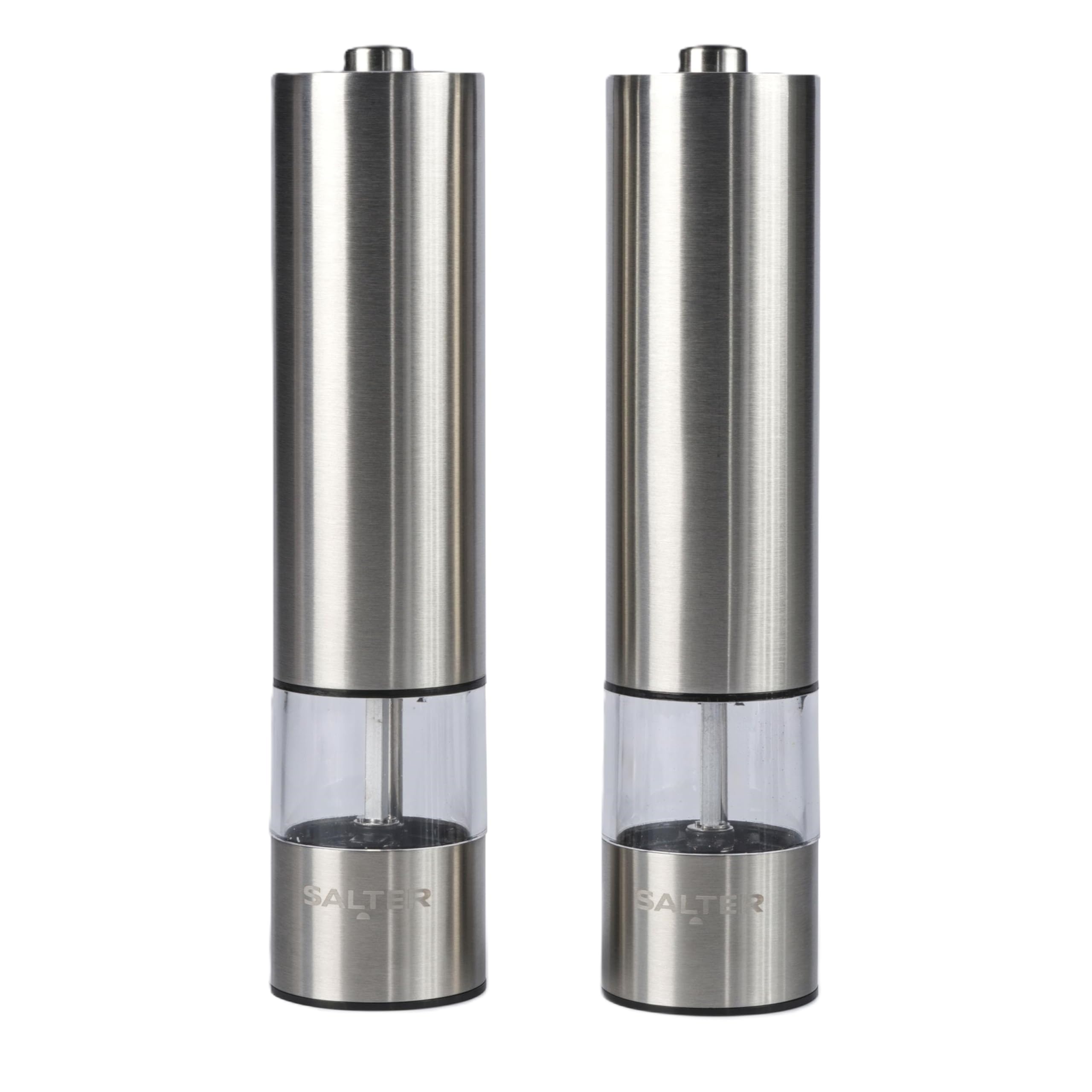 Salter 7522 SSTUR Electric Salt & Pepper Grinder Set – Stainless Steel Mills with Push Button Operation, Battery Powered, Ceramic Grinding Mechanism, Adjustable Fine to Coarse Grind (66g Sea Salt & 30g Peppercorns) – Perfect for Kitchen, Dining Table, and Gourmet Cooking