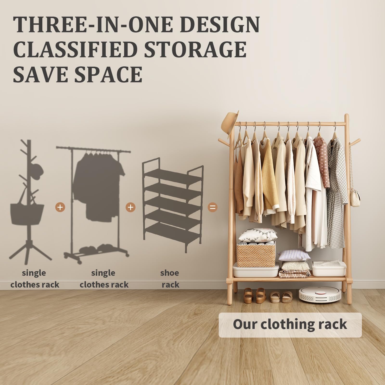 **Solid Wood Clothes Rack with Shelf & Hooks - Sturdy, Portable Garment Rack for Hanging Clothes, Coats, Skirts, Shoes & Bags - Easy to Assemble (Natural) - Perfect for Bedroom, Closet & Laundry Room Organization**
