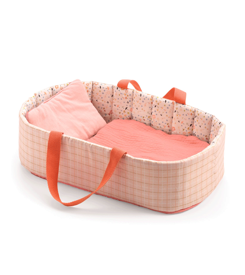 Djeco Pomea Pink Lines Carry Cot - Portable Baby Bassinet for Travel & Home Use - Lightweight & Stylish Nursery Essential