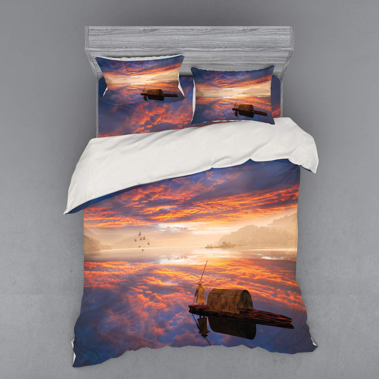 Ambesonne Fantasy Bedding Set - Imaginary World Man Rowing Boat on Fluffy Clouds Design, 4-Piece Duvet Cover Set with Shams & Fitted Sheet, Queen Size, Multicolor | Perfect for Themed Bedrooms, Guest Rooms & Cozy Retreats