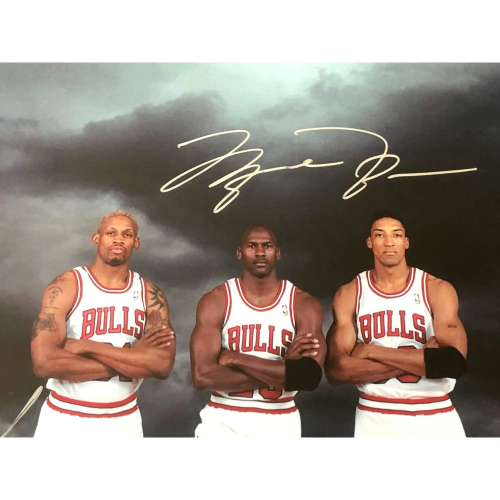 Michael Jordan, Scottie Pippen & Dennis Rodman Autographed Chicago Bulls Framed Photo with UDA COA #D/720 - Perfect for Sports Memorabilia Collectors, Man Cave Decor, and NBA Fan Gifts