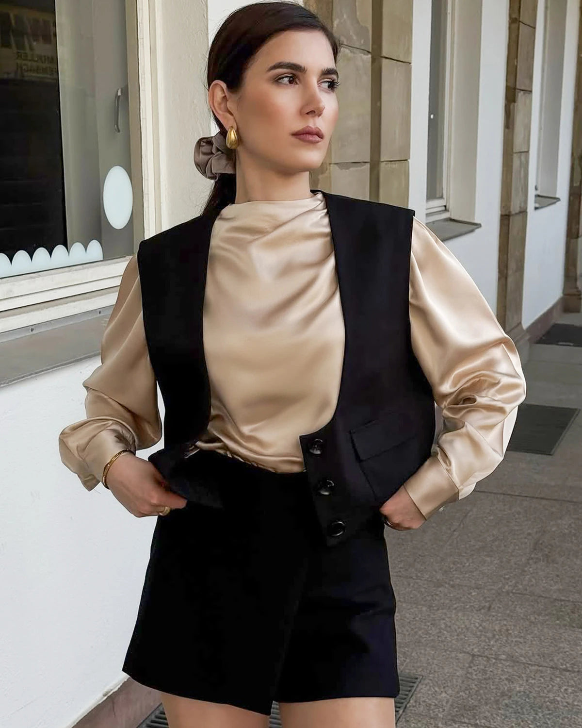 Elegant Mock Neck Silk Blouse with Pearl Buttons - Women's Luxury Blouse for Work, Party & Formal Occasions