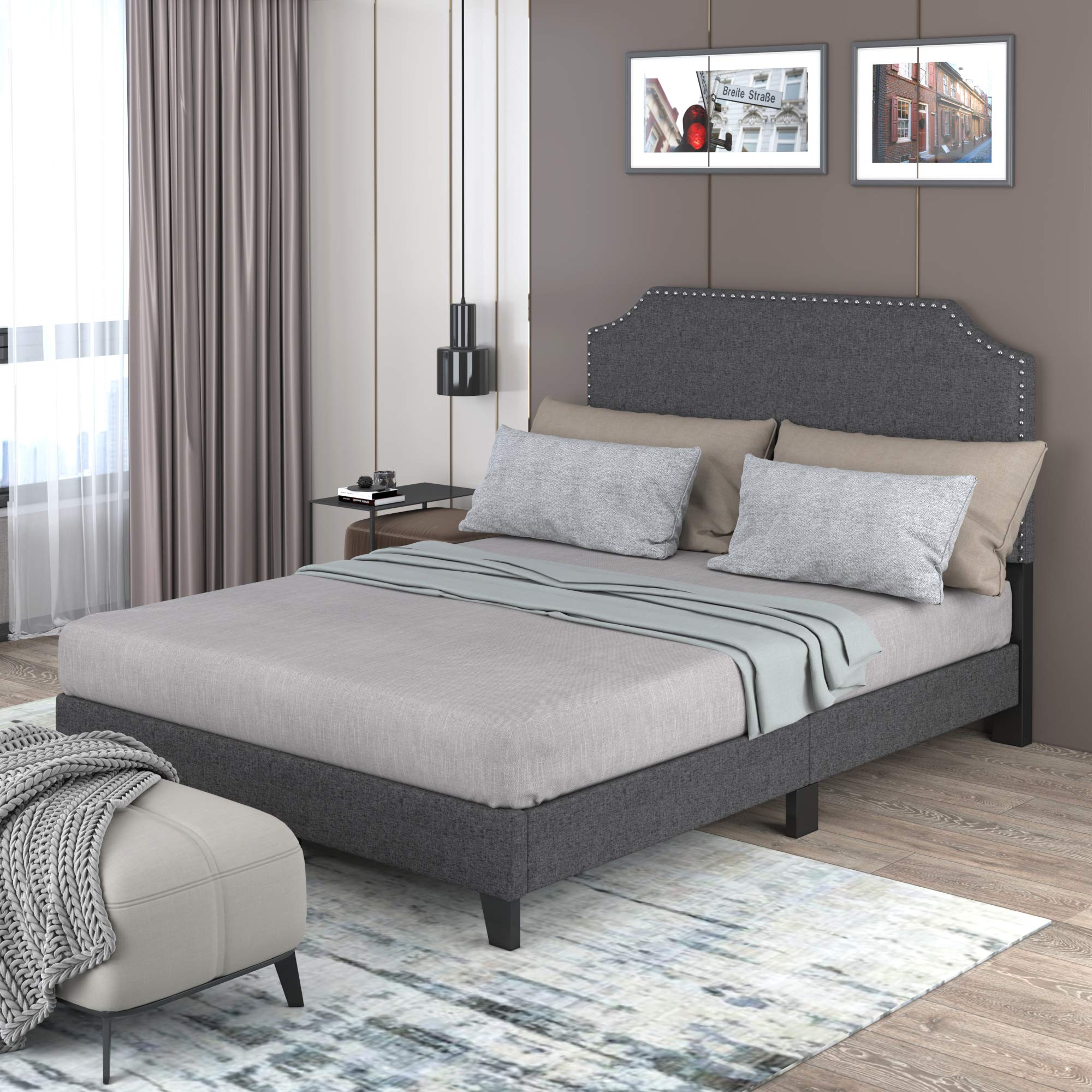 Merax Full Size Upholstered Platform Bed Frame with Nailhead Trim Headboard & Wood Slats - No Box Spring Needed | Modern Bedroom Furniture for Home & Apartment