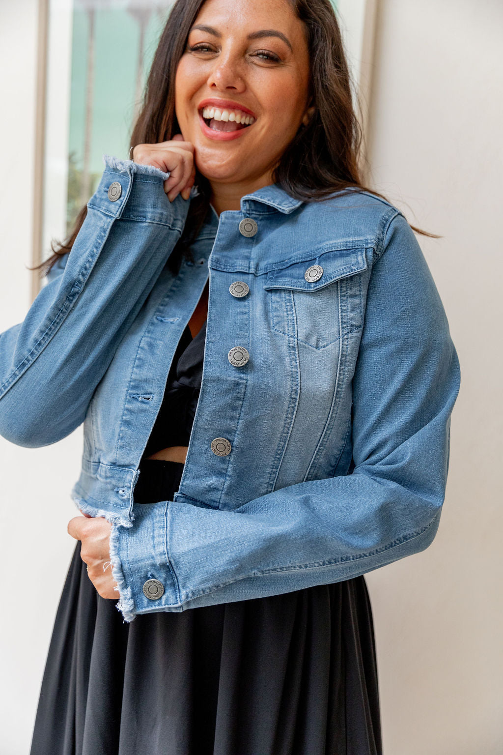 Kenzie Crop Denim Jacket for Women - Stylish Distressed Light Blue Denim Jacket - Perfect for Spring Outfits & Casual Streetwear