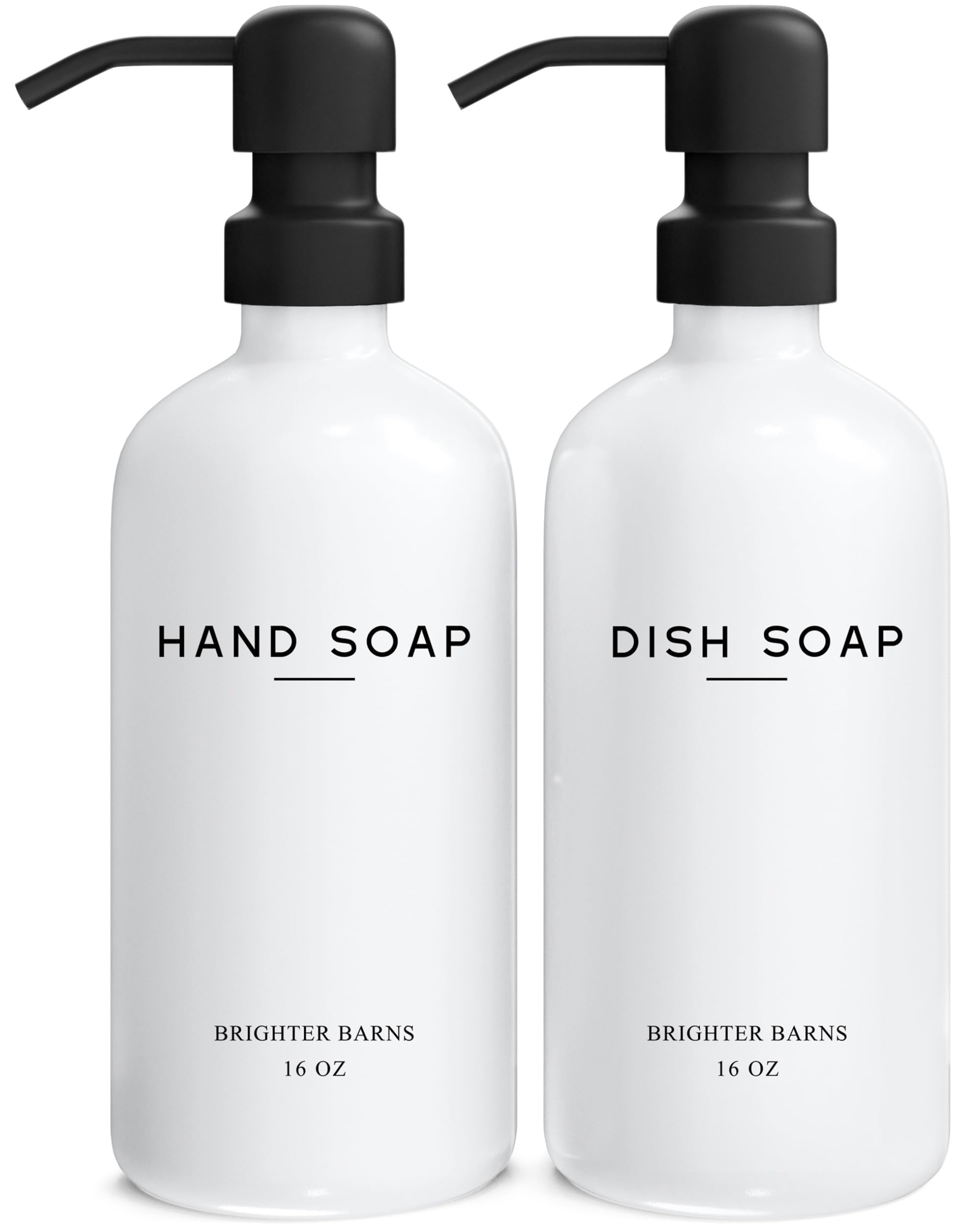 Brighter Barns White Glass Hand & Dish Soap Dispenser Set with Stainless Steel Pump - Farmhouse Style Kitchen & Bathroom Decor - Perfect for Sink Countertops, Guest Baths & Rustic Home Décor