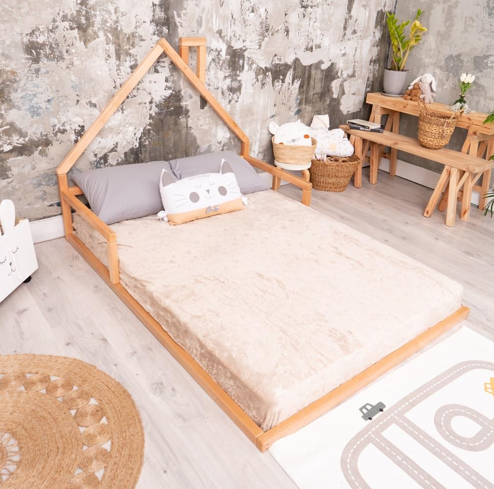Montessori Floor Bed for Toddlers - Twin Size House Bed Frame with Natural Tree Design - Model 3 | Perfect for Kids' Room, Playroom & Montessori Learning Spaces