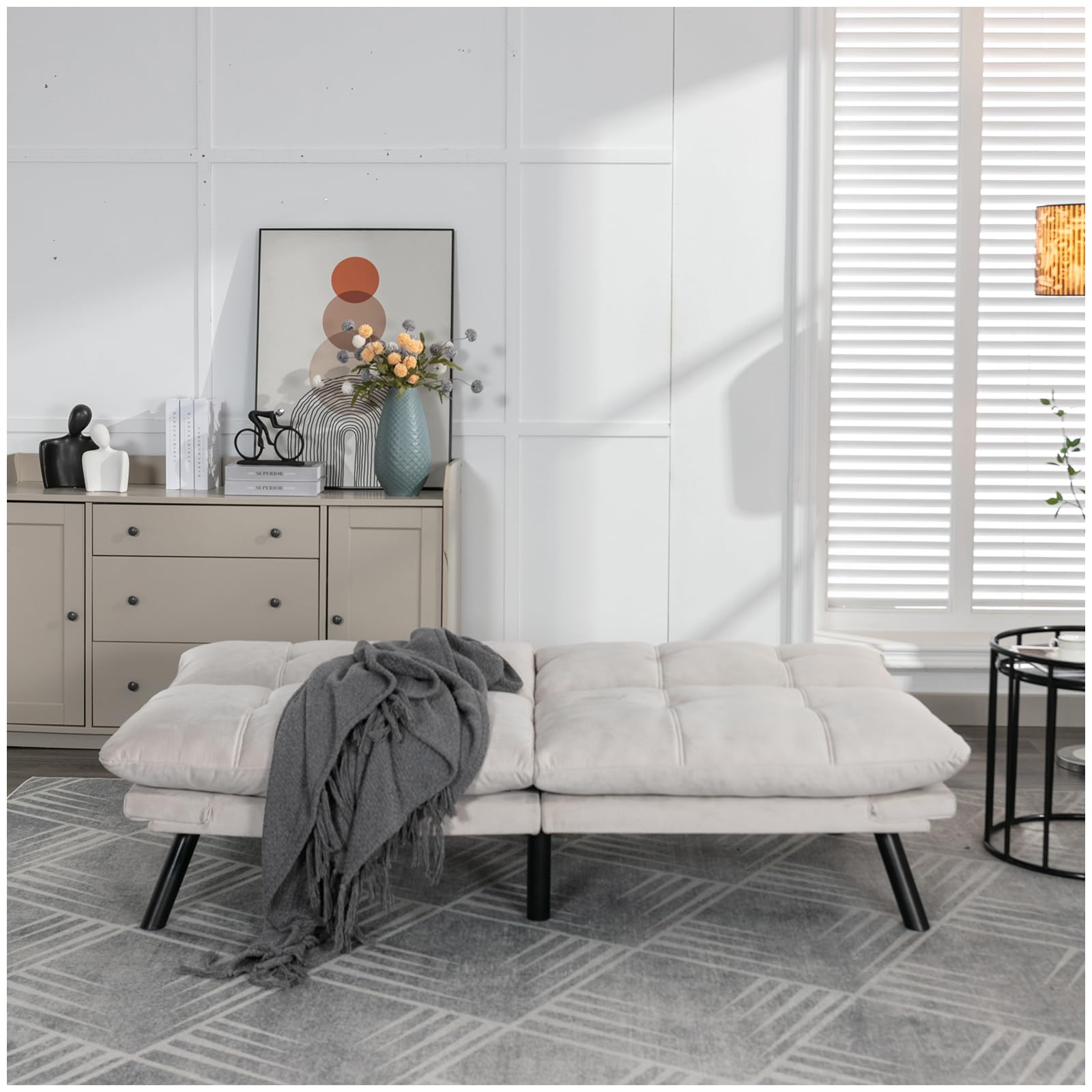 Adjustable Foldable Modern Leisure Memory Foam Futon Sofa Bed - Convertible Folding Reversible Bench Bed Chaise Lounge with Metal Legs - Cream Color for Living Room, Bedroom & Small Spaces - Perfect for Guests, Napping & Relaxation