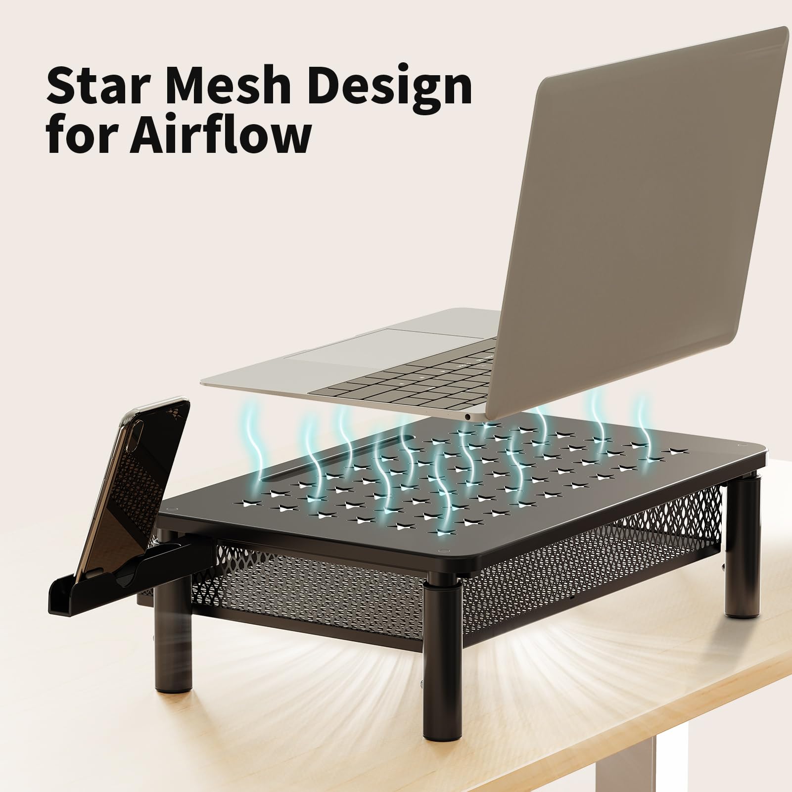 Zimilar Adjustable Monitor Stand Riser with Metal Mesh Drawer & Phone Holder - Ergonomic Computer Monitor Stand for Laptop, Printer, Notebook - Perfect for Home Office, Gaming Setup & Workspace Organization