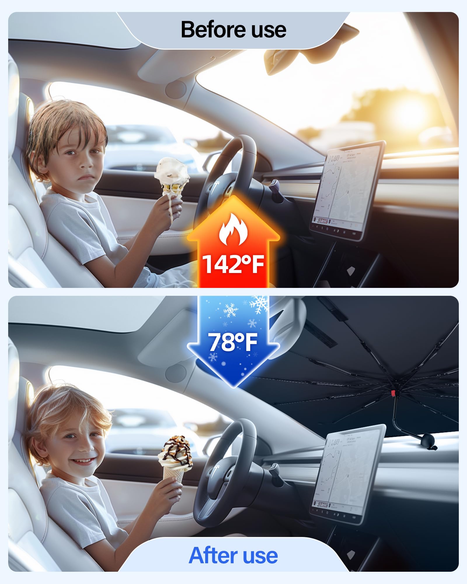2024 Upgraded Car Windshield Sun Shade - Foldable UV Block Sunshade with 360° Rotating Handle | Nano Ice Crystal Cooling Technology | Universal Fit for Sedans (57x31 inches) | Perfect for Summer Parking & Heat Protection