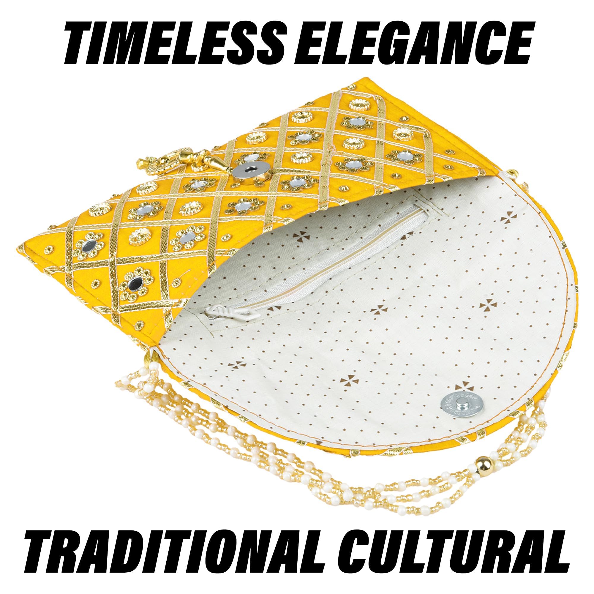 Kuber Industries Women's Clutch Purse with Handle - Traditional Shagun Purse for Baby Shower, Wedding & Gift Giving - Yellow Mirror Check Design - Perfect for Parties, Ceremonies & Special Occasions