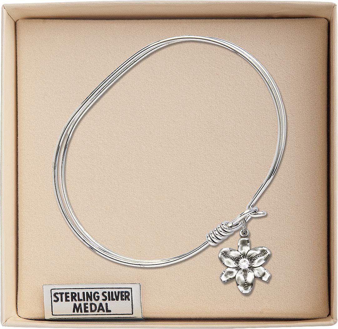 7 Inch Oval Eye Hook Bangle Bracelet with Chastity Medal Charm & April Birthstone Crystal - Elegant Jewelry for Women, Perfect for Daily Wear, Special Occasions and Gift Giving