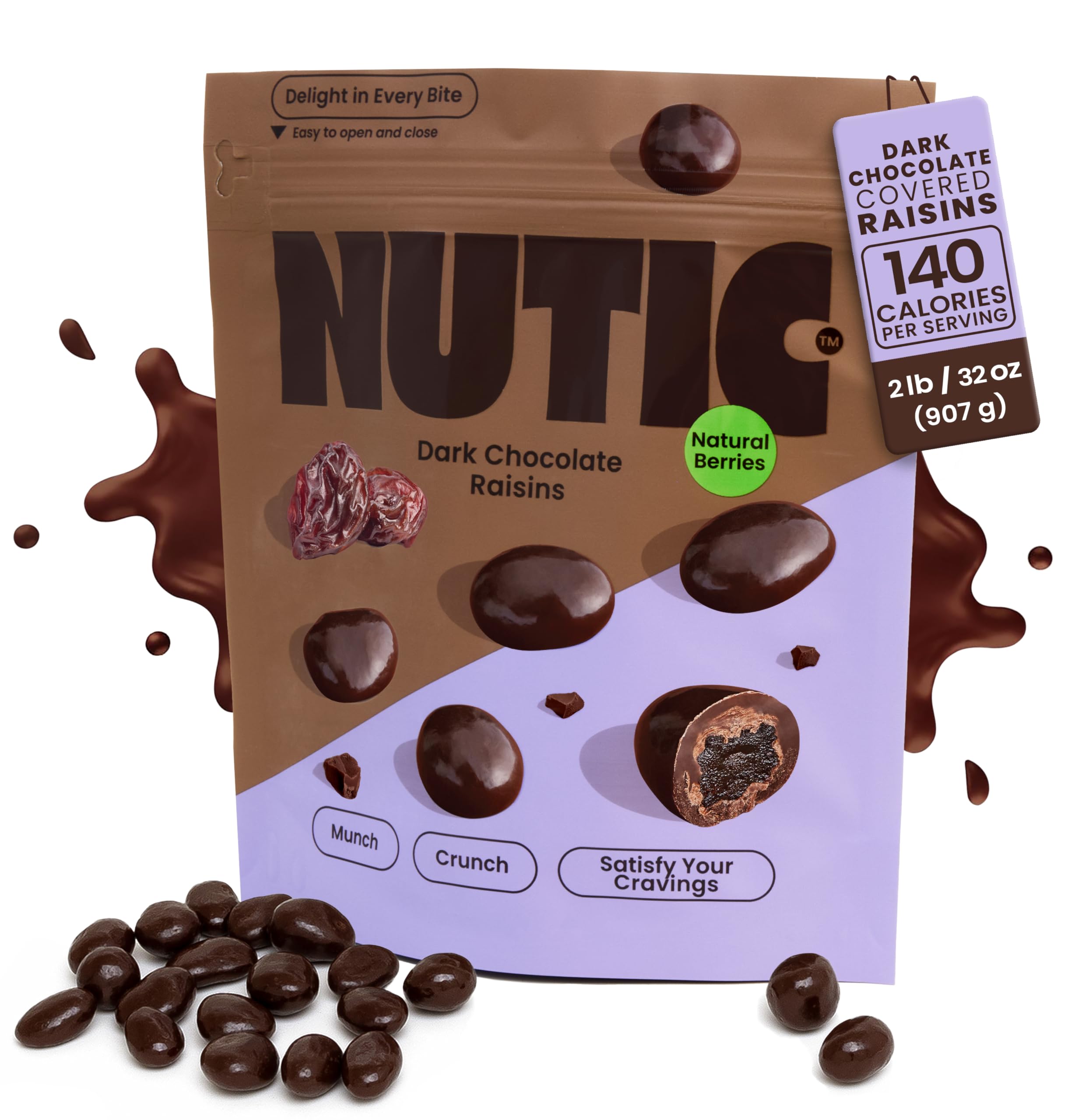 Nutic Gourmet Dark Chocolate Covered Raisins - 2lb Bulk Bag of Healthy Candy Snacks | Vegan, Gluten-Free Treats for Movie Nights, Office Snacking & Holiday Gifts
